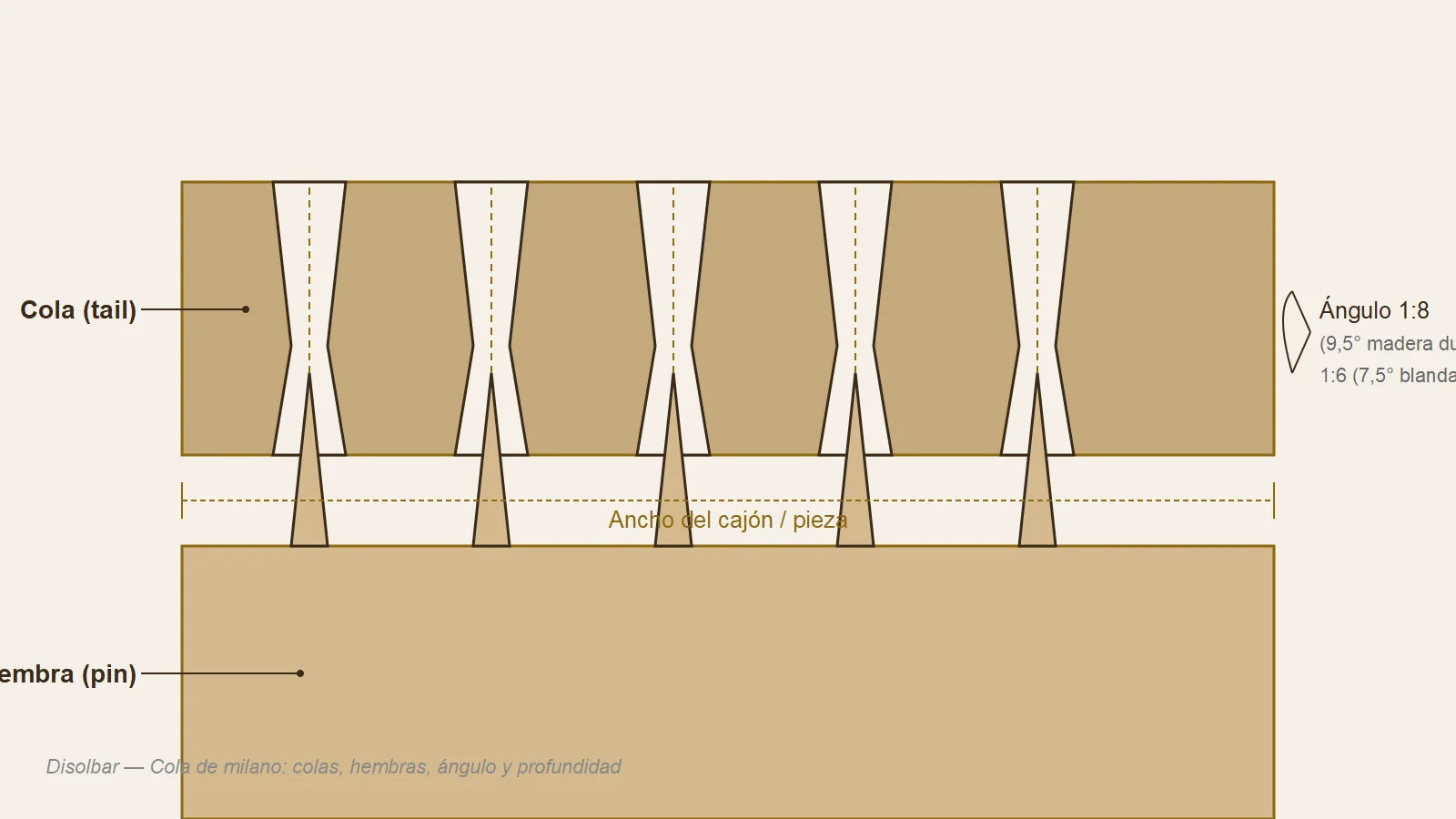 Dibujo esquematico de union cola de milano con colas, hembras, angulo 1:8 y profundidades marcadas