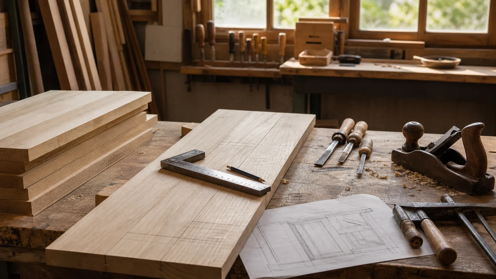 Banco de carpinteria con tablas, escuadra, formones y plano de trabajo